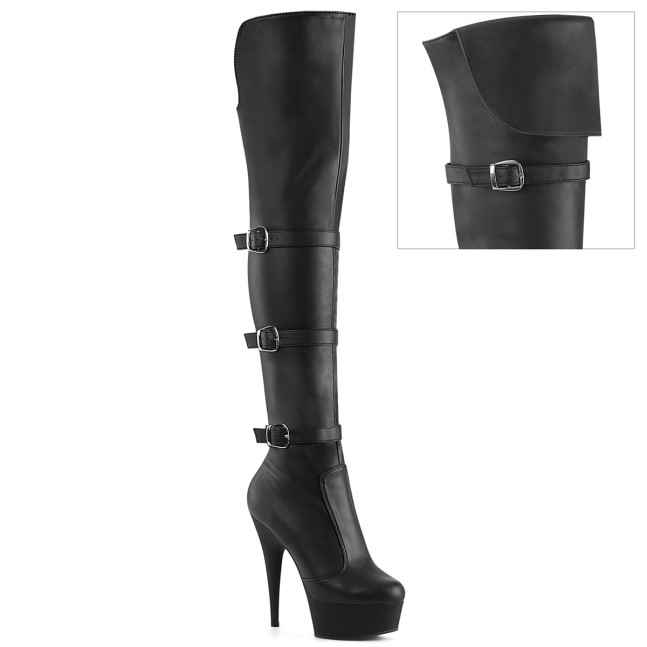 Pleaser Delight-3018 BPU/M - Čierne čižmy nad kolená na platforme s vysokými podpätkami