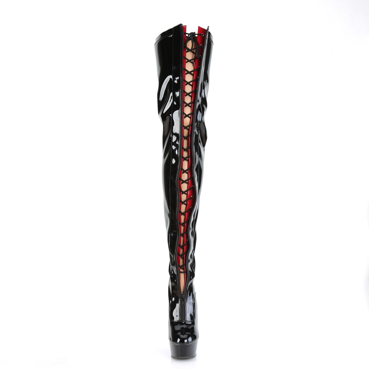 Pleaser Delight-3027 B-R/B - Lesklé čierne čižmy nad kolená na platforme s vysokými podpätkami