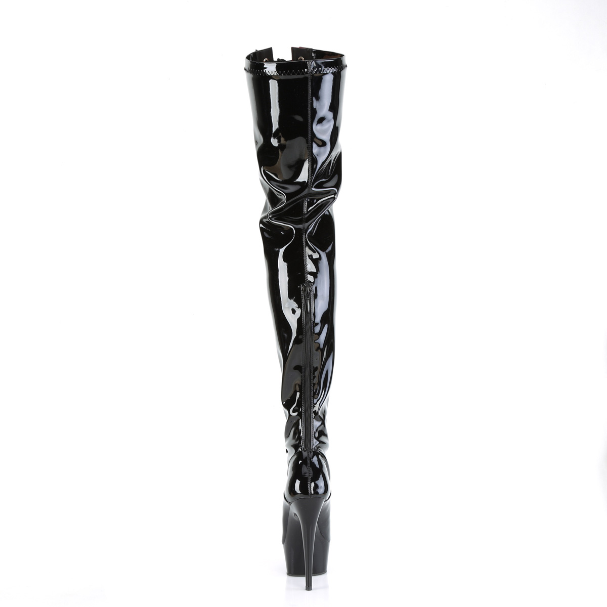 Pleaser Delight-3027 B-R/B - Lesklé čierne čižmy nad kolená na platforme s vysokými podpätkami