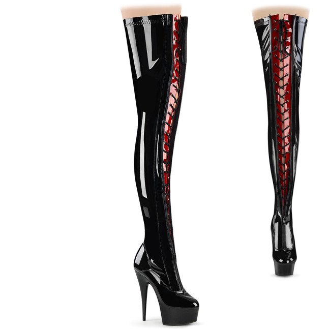 Pleaser Delight-3027 B-R/B - Lesklé čierne čižmy nad kolená na platforme s vysokými podpätkami
