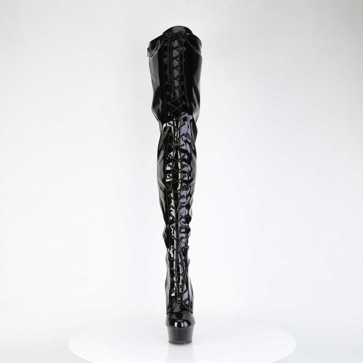 Pleaser Delight-4023 B/M - Lesklé čierne čižmy nad kolená na platforme s vysokými podpätkami