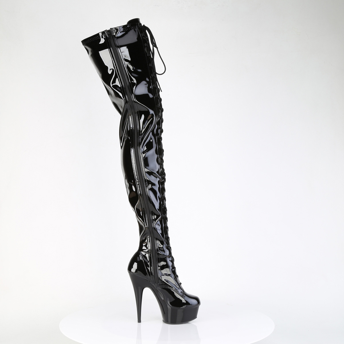 Pleaser Delight-4023 B/M - Lesklé čierne čižmy nad kolená na platforme s vysokými podpätkami