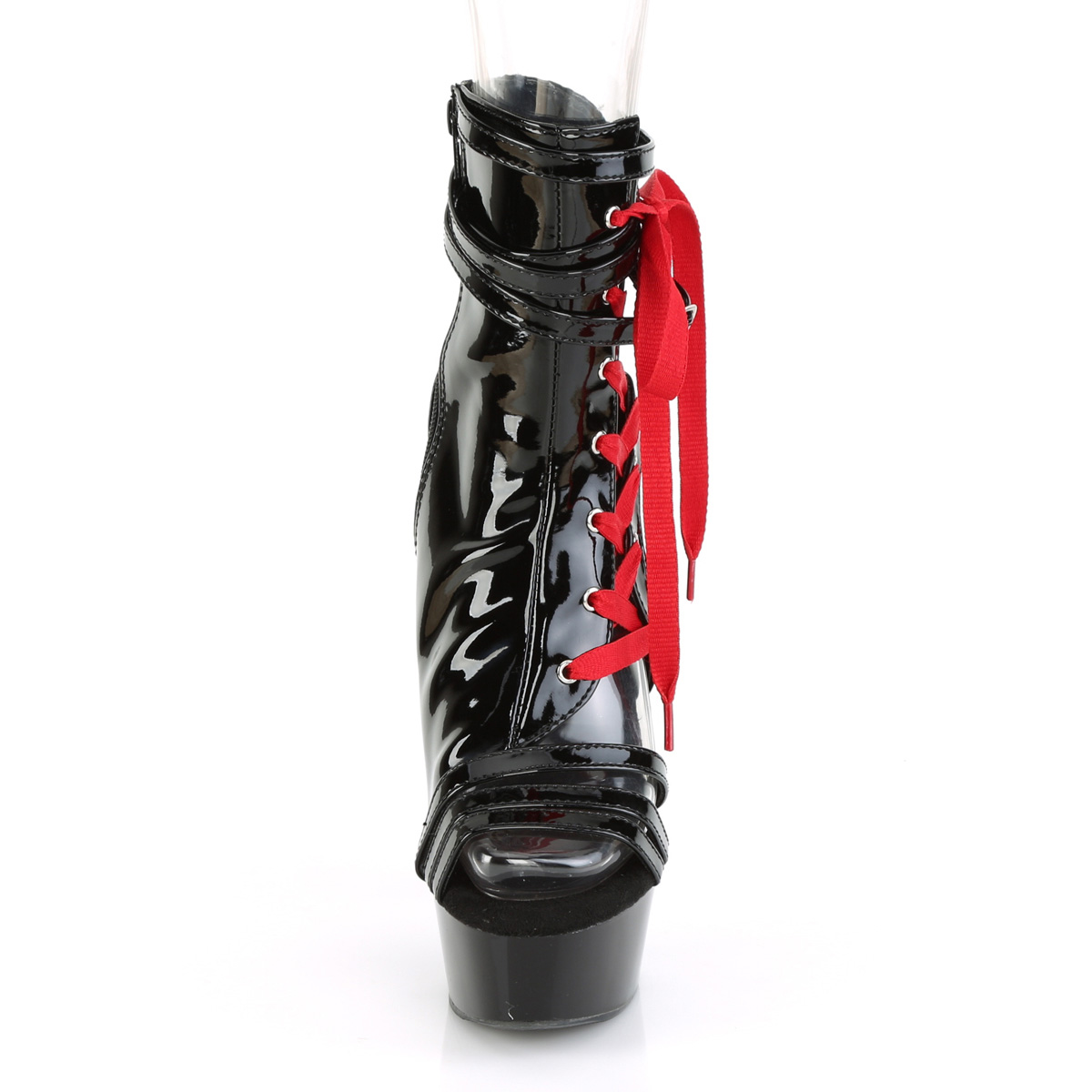 Pleaser Delight-600-36 B/M - Lesklé čierne čižmy s otvorenou špičkou na platforme s vysokými podpätkami