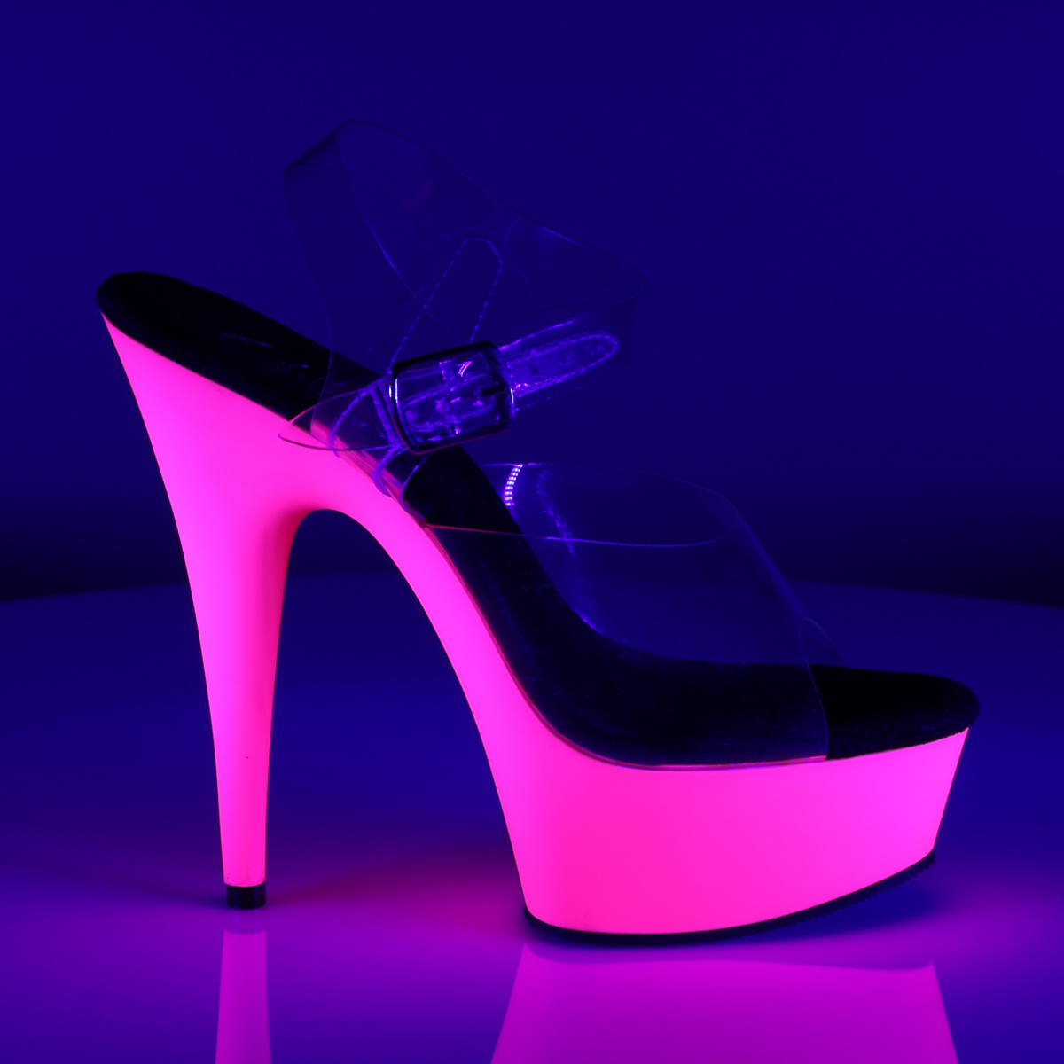 Pleaser Delight-608UV C/NP - Priehľadné uv reaktívne sandále na platforme s vysokými podpätkami