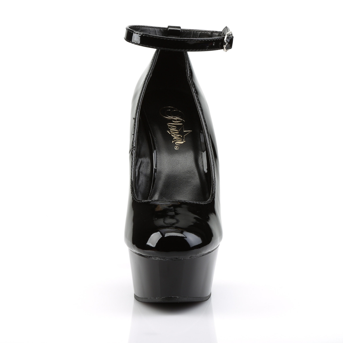 Pleaser Delight-686 B/M - Lesklé čierne lodičky s remienkami na platforme s vysokými podpätkami