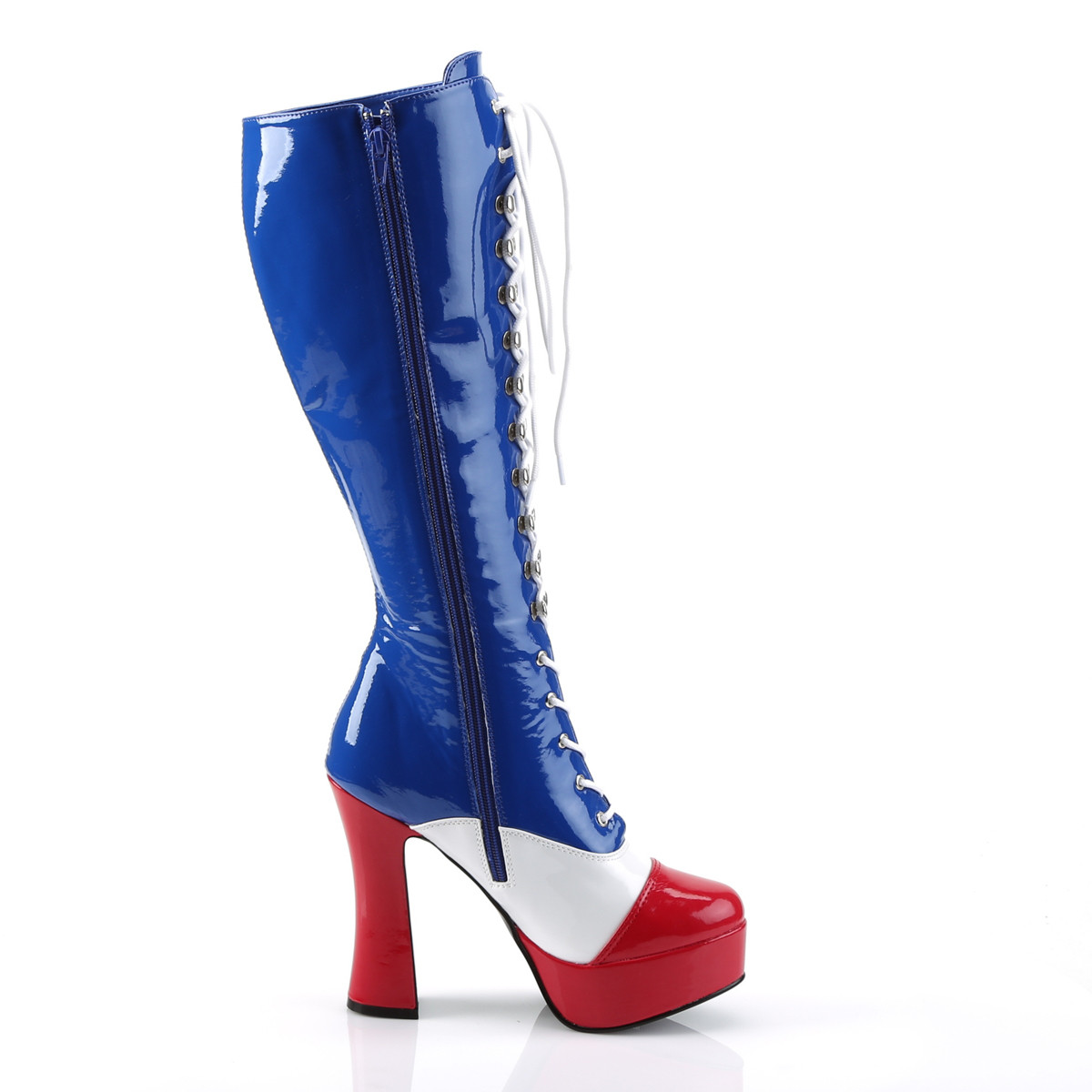 Funtasma Electra-2030 AF - Lesklé modré čižmy na platforme s vysokými širokými podpätkami