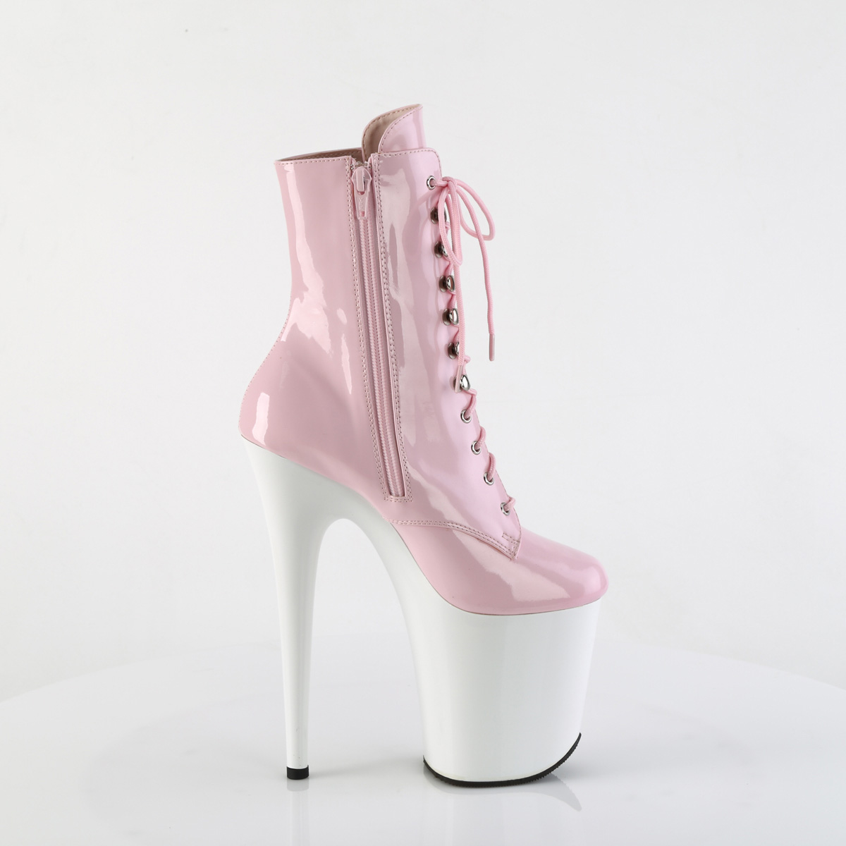 Pleaser Flamingo-1020 BP/W - Lesklé ružové kotníkové čižmy na vysokej platforme