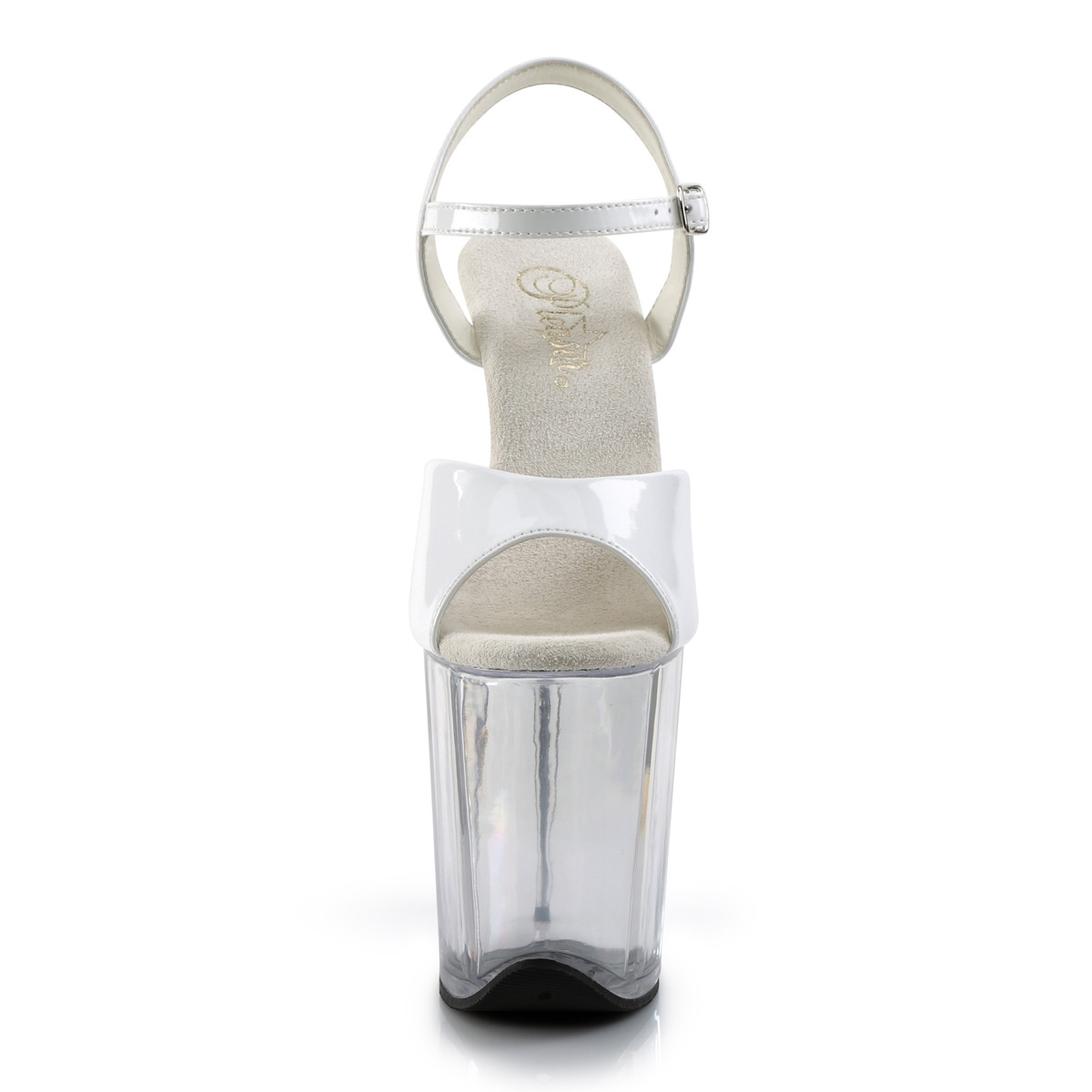 Pleaser Flamingo-809 W/C - Lesklé biele sandále na vysokej platforme