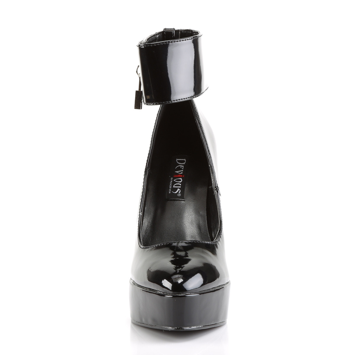 Devious Indulge-534 B - Lesklé čierne lodičky s remienkami na platforme s vysokými podpätkami