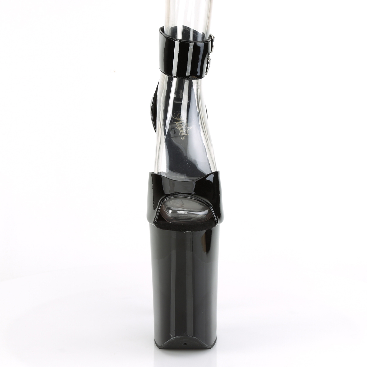 Pleaser Infinity-975 B/M - Lesklé čierne topánky s remienkom cez kotník na vysokej platforme