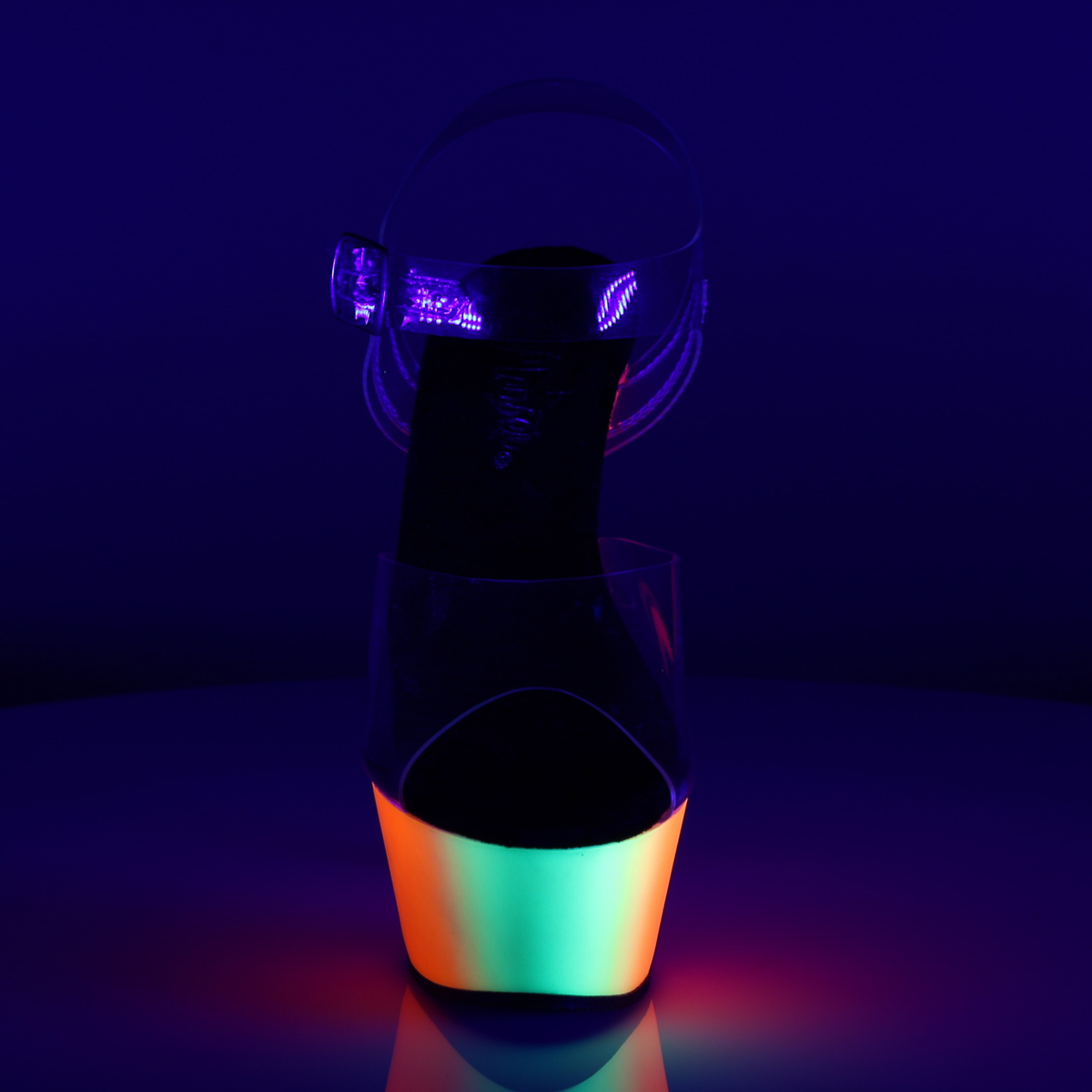 Pleaser Rainbow-208UV C/NMC - Priehľadné uv reaktívne sandále na platforme s vysokými podpätkami