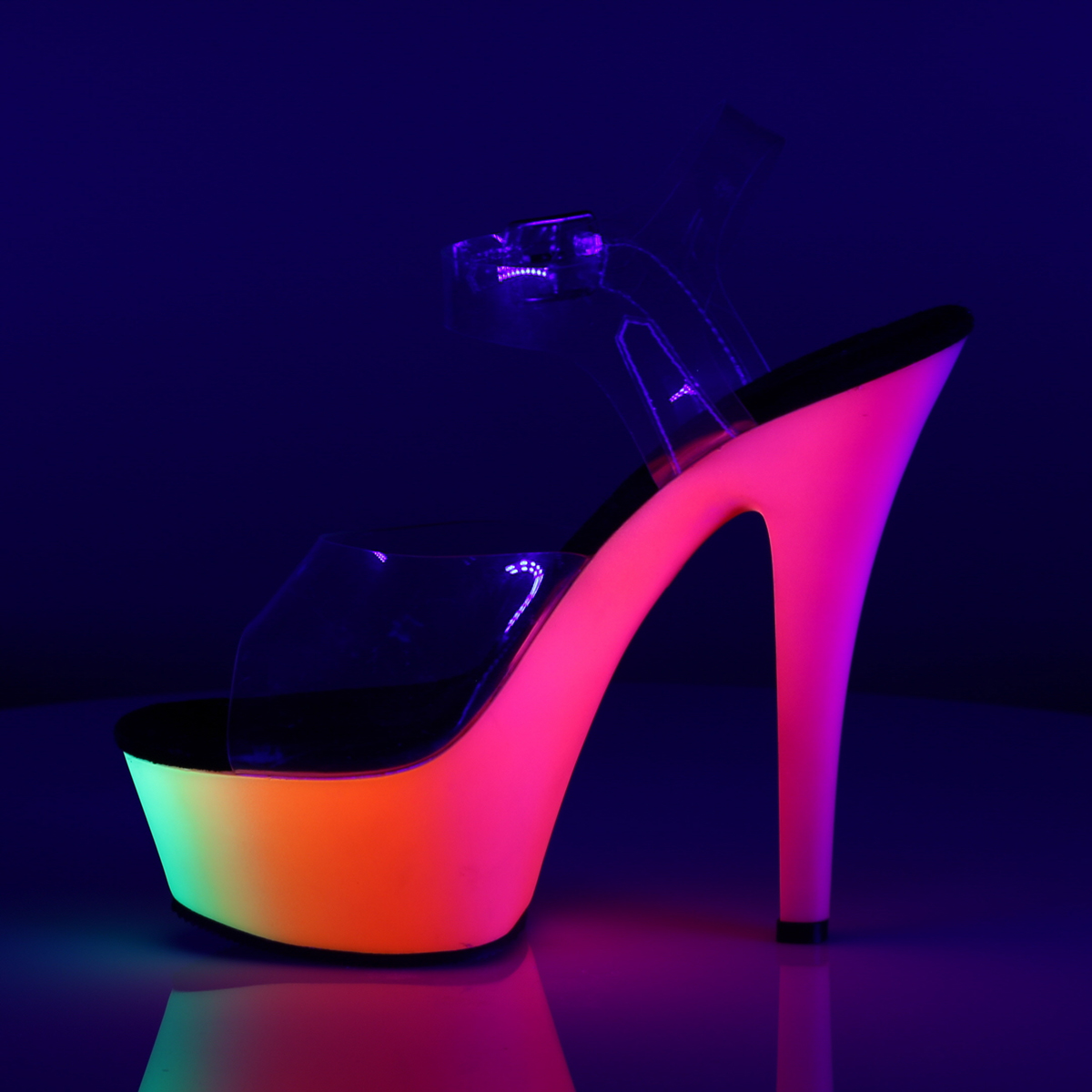 Pleaser Rainbow-208UV C/NMC - Priehľadné uv reaktívne sandále na platforme s vysokými podpätkami