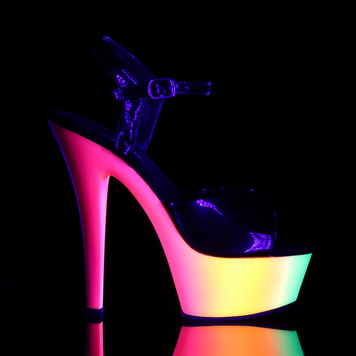 Pleaser Rainbow-209UV B/NMC - Lesklé čierne uv reaktívne sandále na platforme s vysokými podpätkami