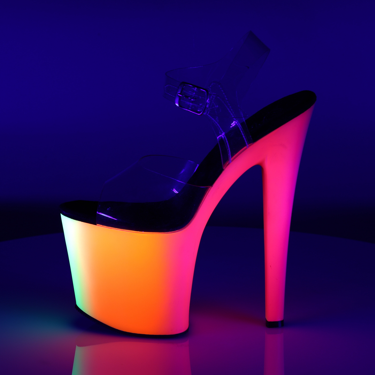 Pleaser Rainbow-708UV C/NMC - Priehľadné uv reaktívne sandále na vysokej platforme