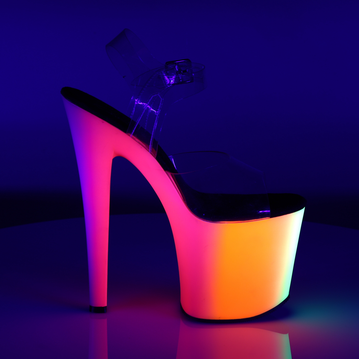 Pleaser Rainbow-708UV C/NMC - Priehľadné uv reaktívne sandále na vysokej platforme
