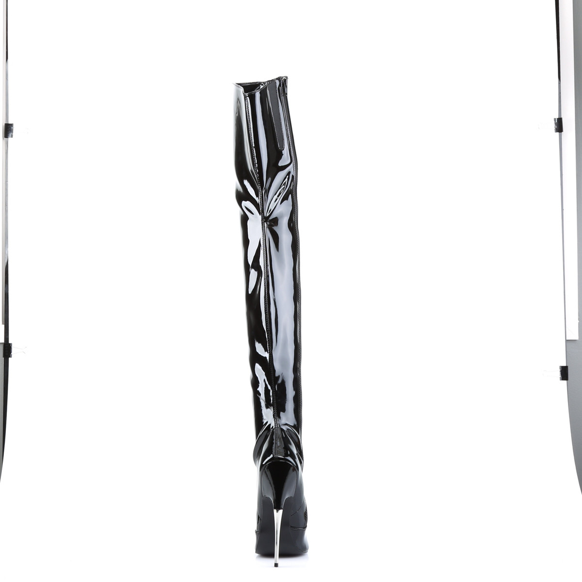 Devious Scream-3010 B - Lesklé čierne čižmy nad kolená na  opätku na vysokom podpätku