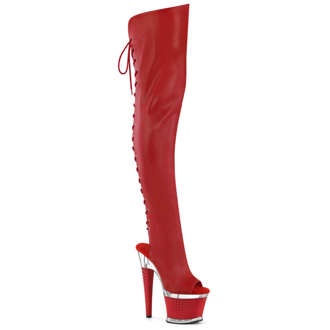 Pleaser Spectator-3030 RPU/C-R - Červené čižmy s otvorenou špičkou na vysokej platforme