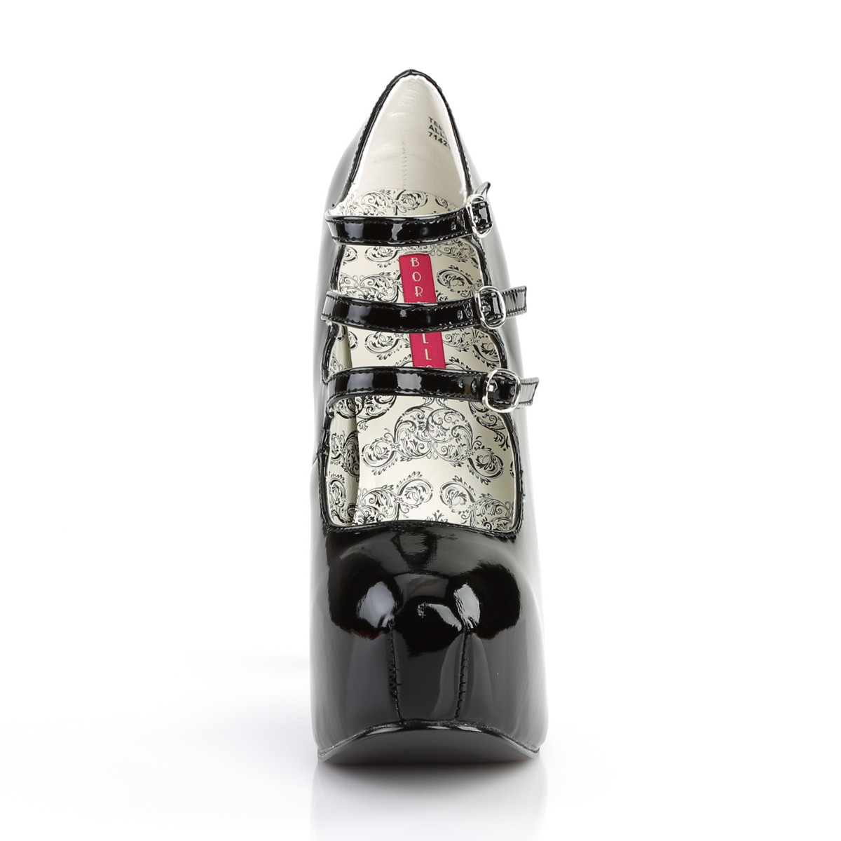 Bordello Teeze-05 B - Lesklé čierne lodičky s remienkami na platforme s vysokými podpätkami