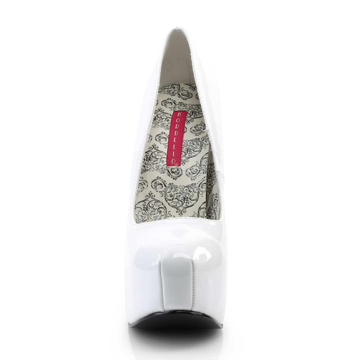 Bordello Teeze-06 W - Lesklé biele lodičky na platforme s vysokými podpätkami