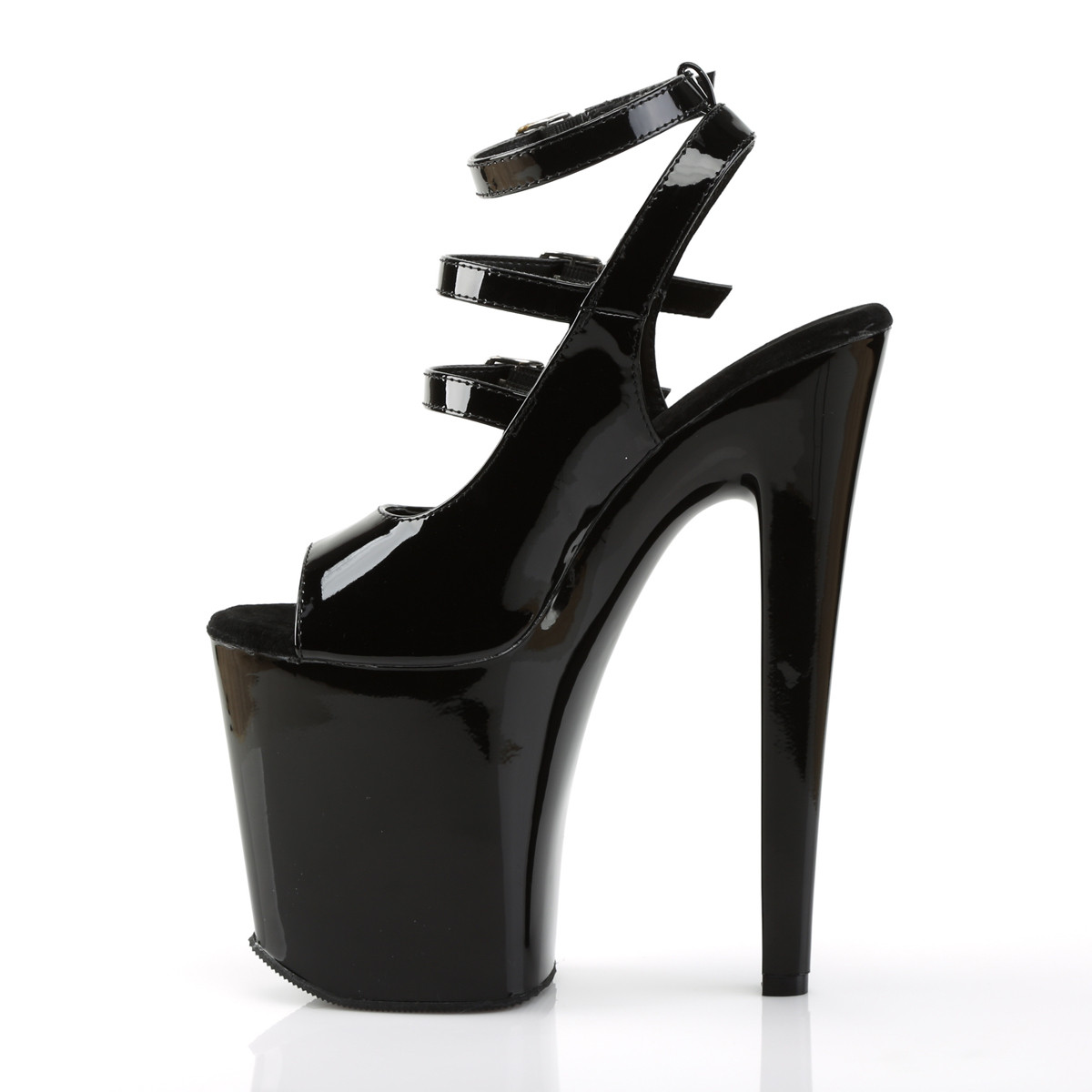 Pleaser Xtreme-873 B/M - Lesklé čierne topánky s remienkom cez kotník na vysokej platforme