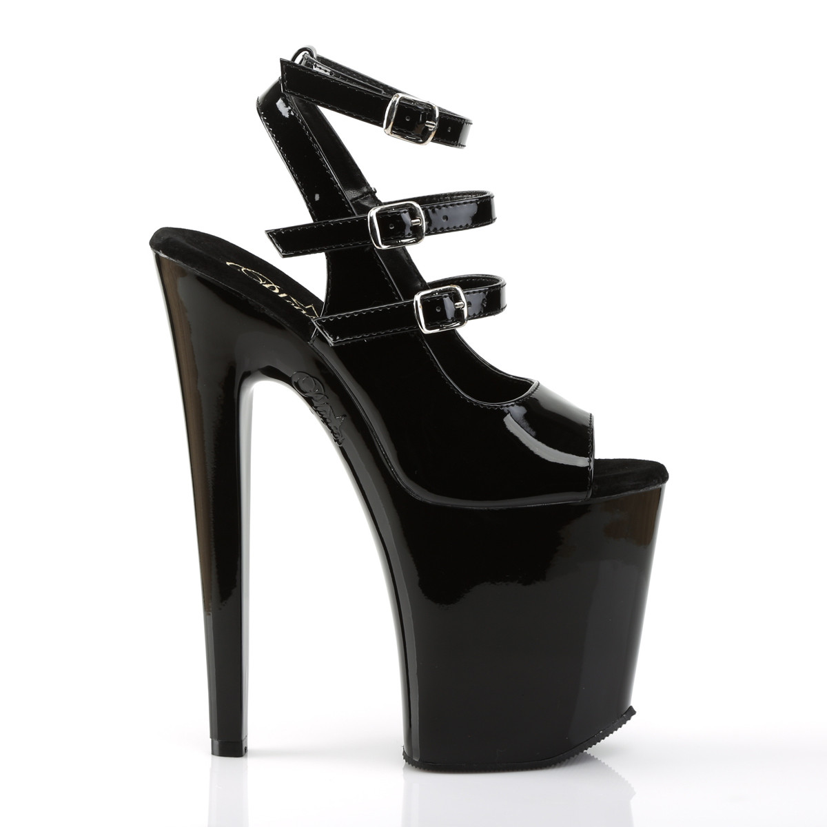 Pleaser Xtreme-873 B/M - Lesklé čierne topánky s remienkom cez kotník na vysokej platforme